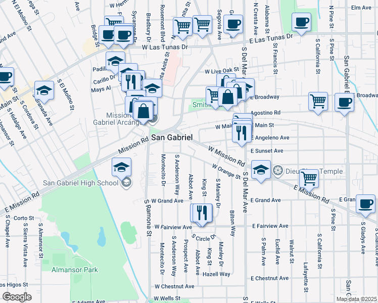 map of restaurants, bars, coffee shops, grocery stores, and more near 329 West Orange Street in San Gabriel