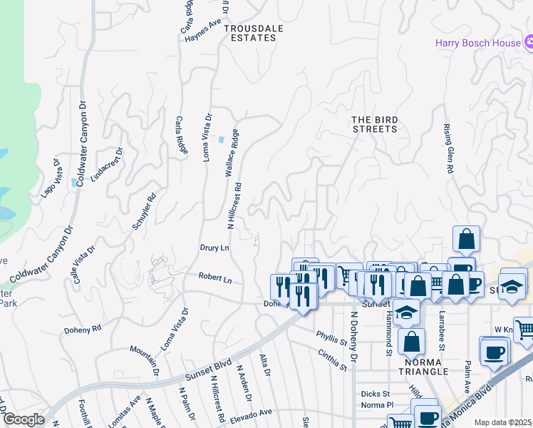 map of restaurants, bars, coffee shops, grocery stores, and more near 9393 Sierra Mar Drive in Los Angeles