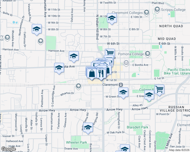 map of restaurants, bars, coffee shops, grocery stores, and more near 175 North Indian Hill Boulevard in Claremont