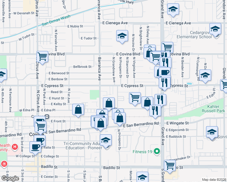 map of restaurants, bars, coffee shops, grocery stores, and more near 855 North Grandview Avenue in Covina
