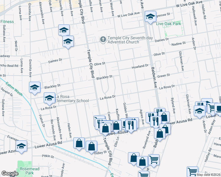 map of restaurants, bars, coffee shops, grocery stores, and more near 5127 Kauffman Avenue in Temple City