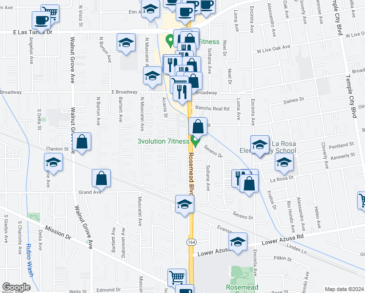 map of restaurants, bars, coffee shops, grocery stores, and more near 5221 California 19 in San Gabriel