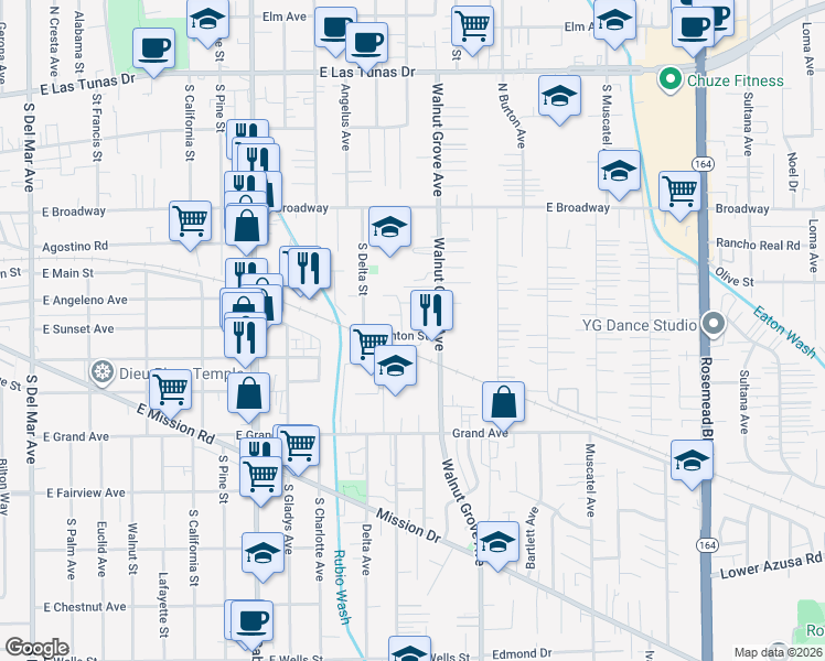 map of restaurants, bars, coffee shops, grocery stores, and more near 8451 Clanton Street in San Gabriel