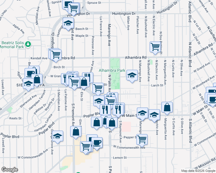 map of restaurants, bars, coffee shops, grocery stores, and more near 2216 Larch Street in Alhambra