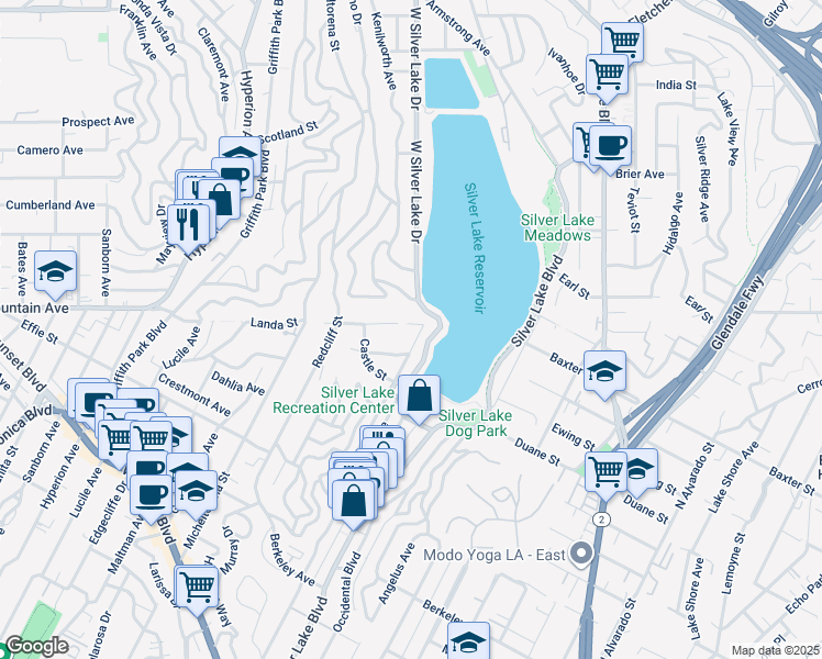 map of restaurants, bars, coffee shops, grocery stores, and more near 3040 Landa Street in Los Angeles