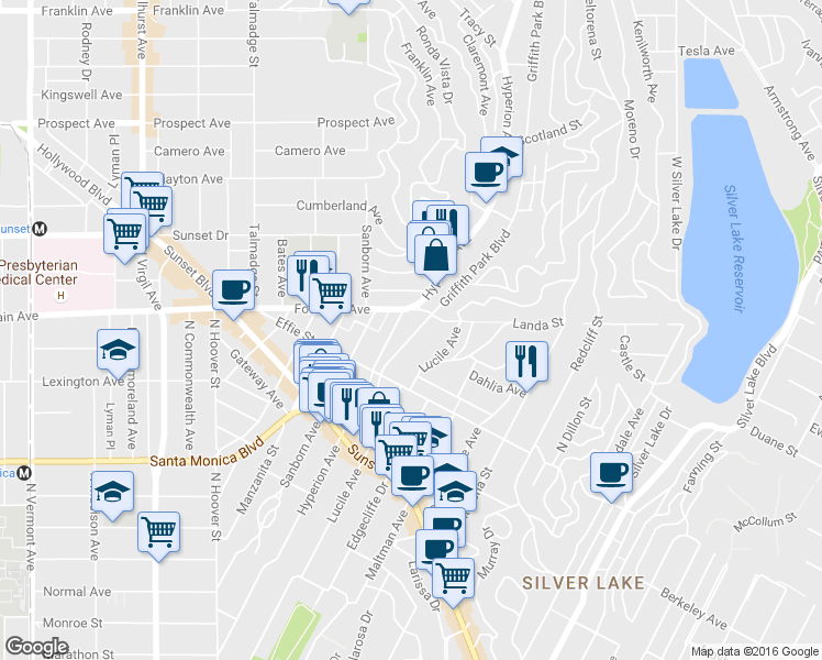 map of restaurants, bars, coffee shops, grocery stores, and more near 1762 Griffith Park Boulevard in Los Angeles