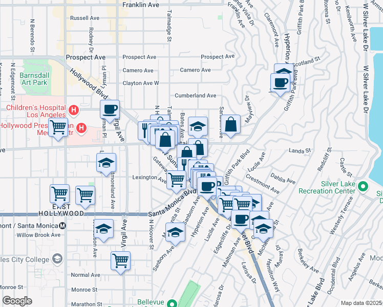 map of restaurants, bars, coffee shops, grocery stores, and more near 1200 Myra Avenue in Los Angeles