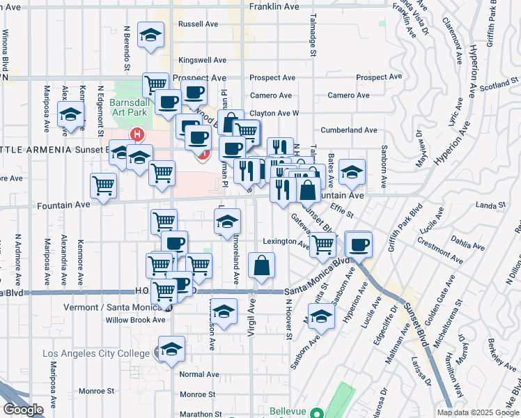 map of restaurants, bars, coffee shops, grocery stores, and more near 1255 North Virgil Avenue in Los Angeles