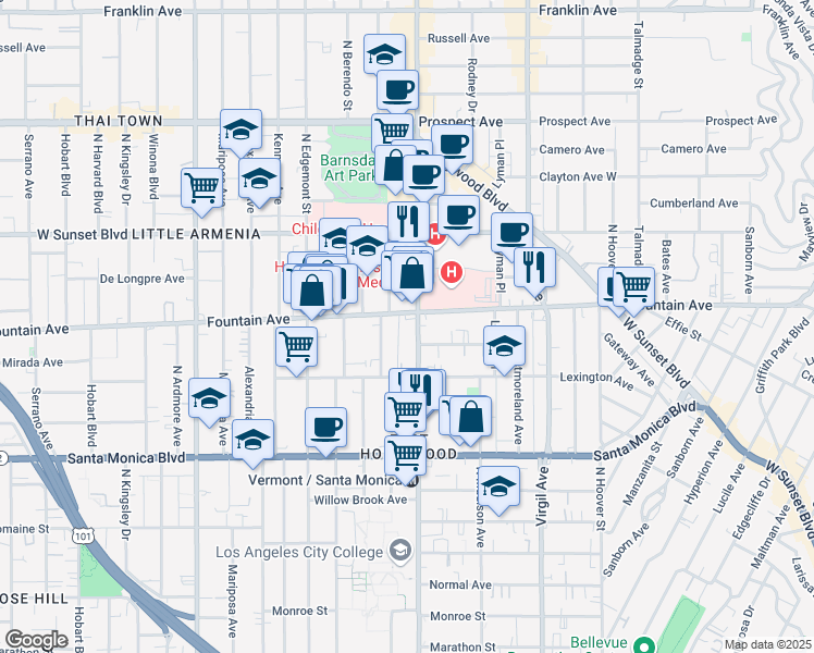map of restaurants, bars, coffee shops, grocery stores, and more near 1260 North Vermont Avenue in Los Angeles
