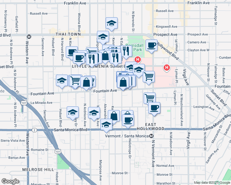map of restaurants, bars, coffee shops, grocery stores, and more near 1251 North Kenmore Avenue in Los Angeles