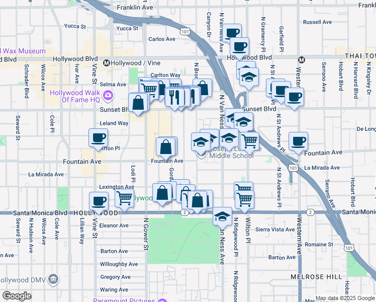 map of restaurants, bars, coffee shops, grocery stores, and more near in Los Angeles
