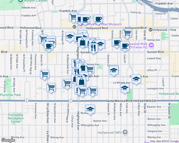 map of restaurants, bars, coffee shops, grocery stores, and more near in Los Angeles