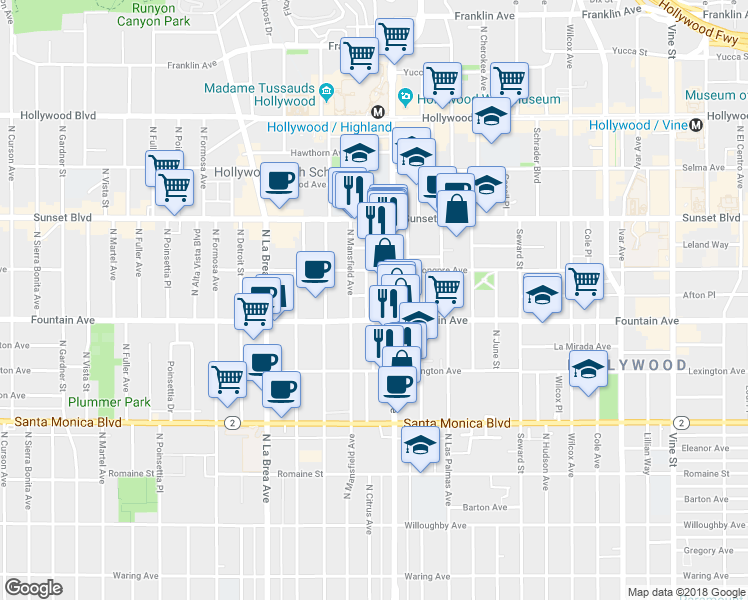map of restaurants, bars, coffee shops, grocery stores, and more near 1322 North Citrus Avenue in Los Angeles