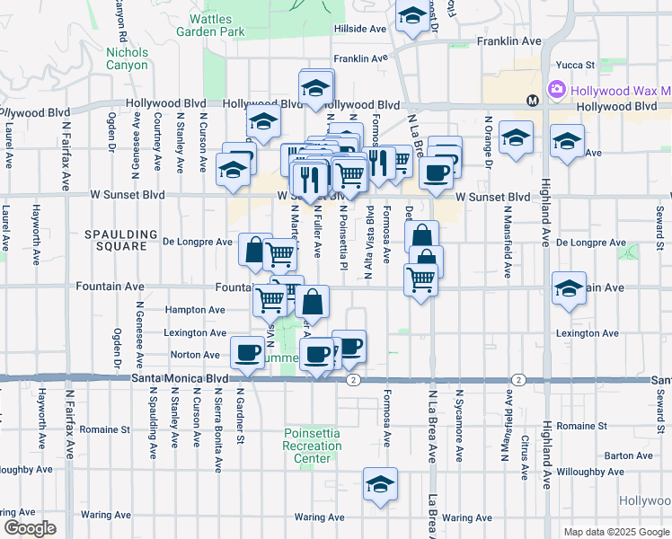 map of restaurants, bars, coffee shops, grocery stores, and more near 1321 North Poinsettia Place in Los Angeles