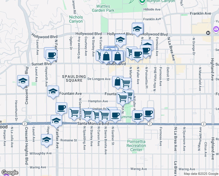 map of restaurants, bars, coffee shops, grocery stores, and more near in Los Angeles