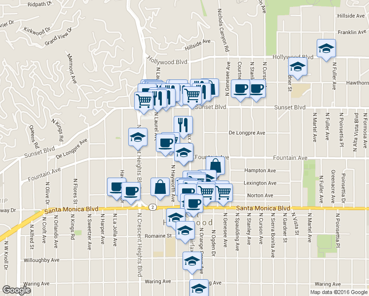 map of restaurants, bars, coffee shops, grocery stores, and more near 1319 North Fairfax Avenue in West Hollywood