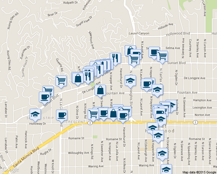 map of restaurants, bars, coffee shops, grocery stores, and more near 8277 Fountain Avenue in West Hollywood