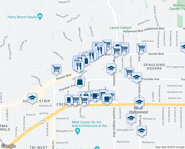 map of restaurants, bars, coffee shops, grocery stores, and more near 8277 Fountain Avenue in West Hollywood