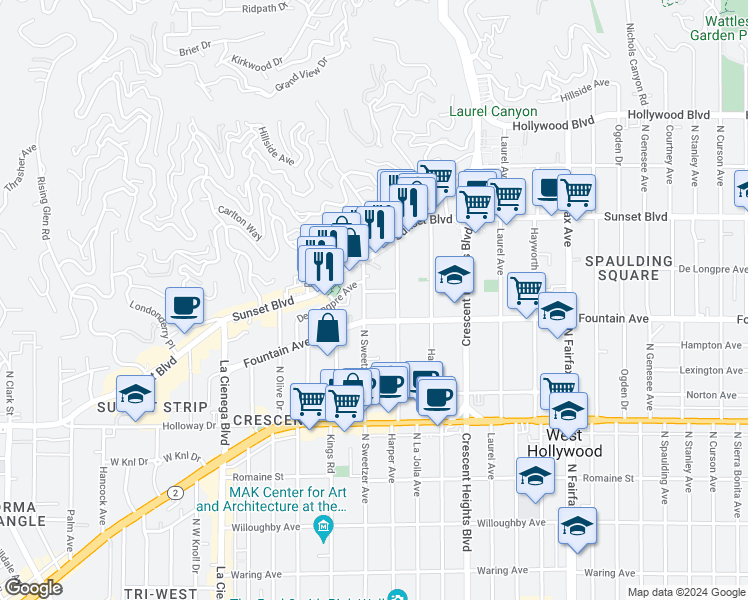 map of restaurants, bars, coffee shops, grocery stores, and more near 8277 Fountain Avenue in West Hollywood