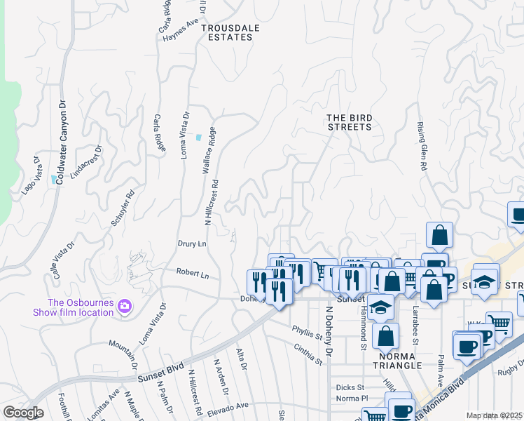 map of restaurants, bars, coffee shops, grocery stores, and more near 9252 Sierra Mar Drive in Los Angeles