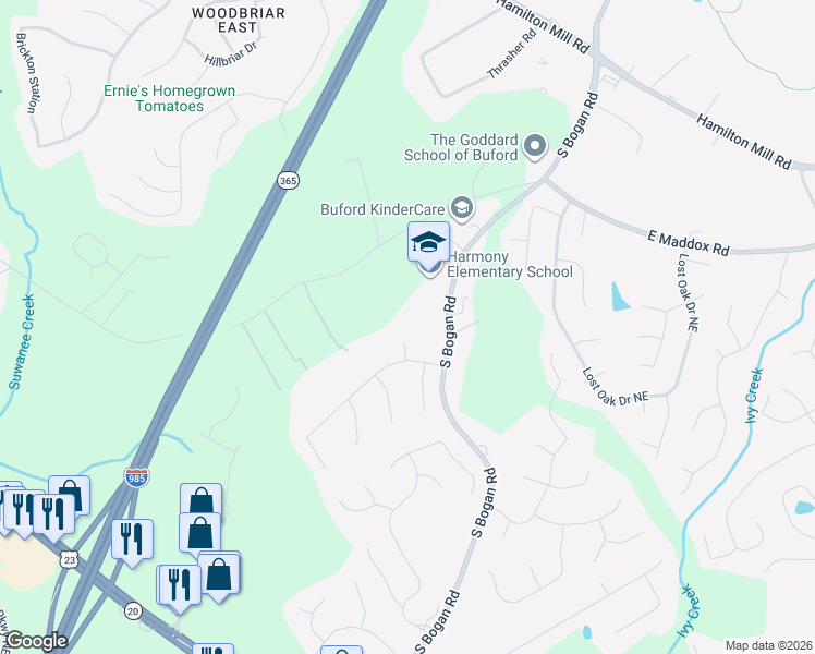 map of restaurants, bars, coffee shops, grocery stores, and more near in Buford