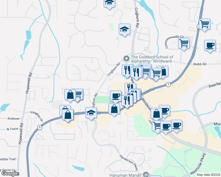 map of restaurants, bars, coffee shops, grocery stores, and more near 12890 Cogburn Overlook in Alpharetta