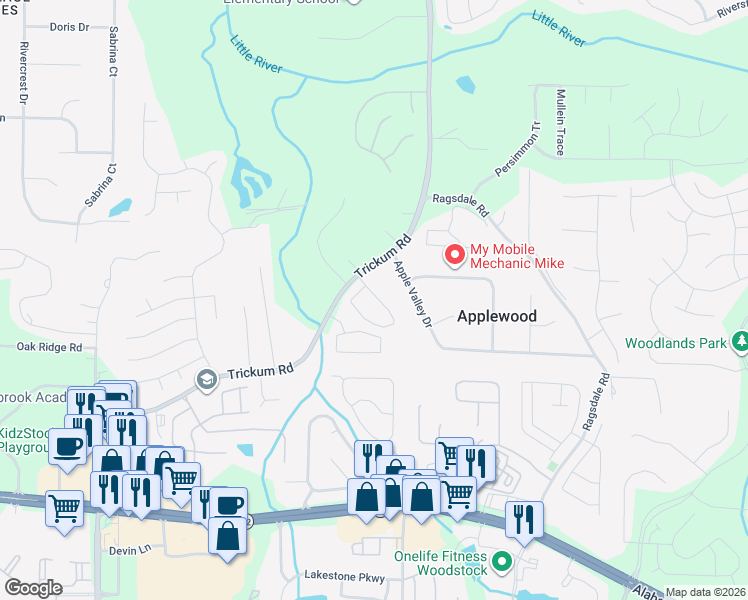 map of restaurants, bars, coffee shops, grocery stores, and more near 222 Regent Square in Woodstock