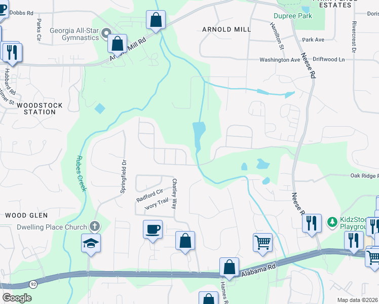 map of restaurants, bars, coffee shops, grocery stores, and more near 506 Rokeby Drive in Woodstock