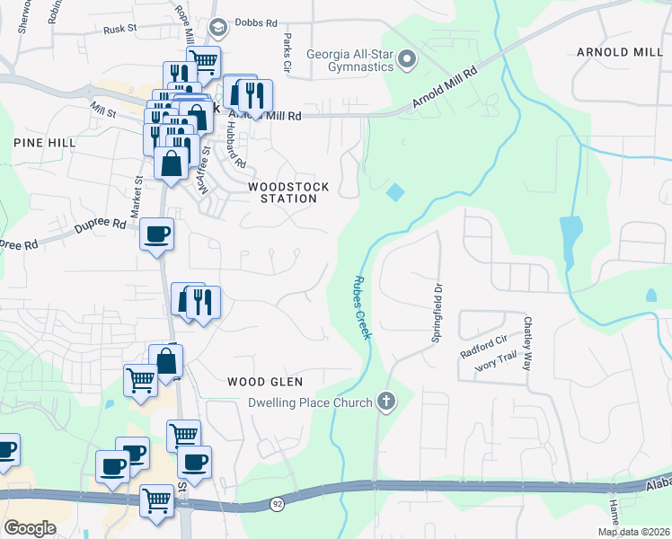 map of restaurants, bars, coffee shops, grocery stores, and more near 718 Song Bird Way in Woodstock
