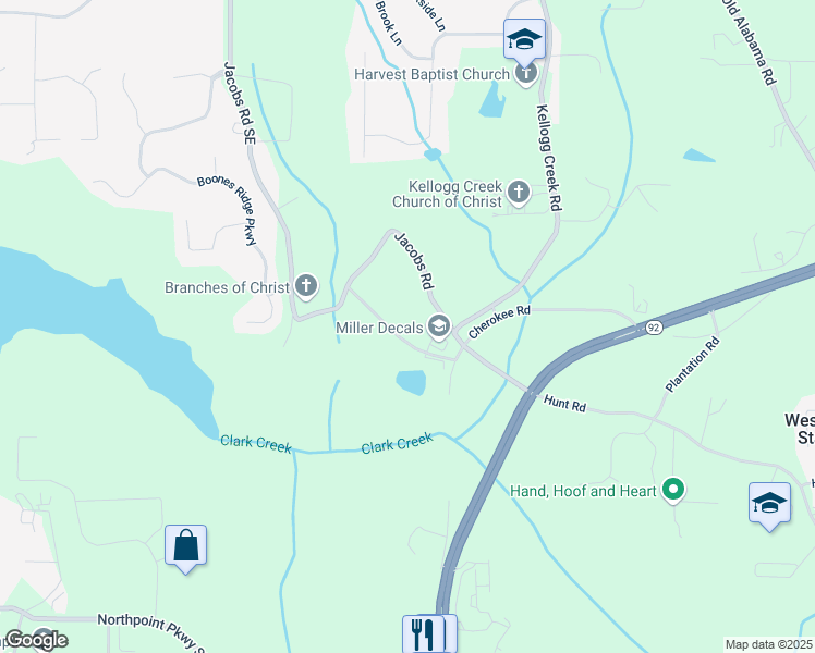 map of restaurants, bars, coffee shops, grocery stores, and more near 3720 James Road in Acworth