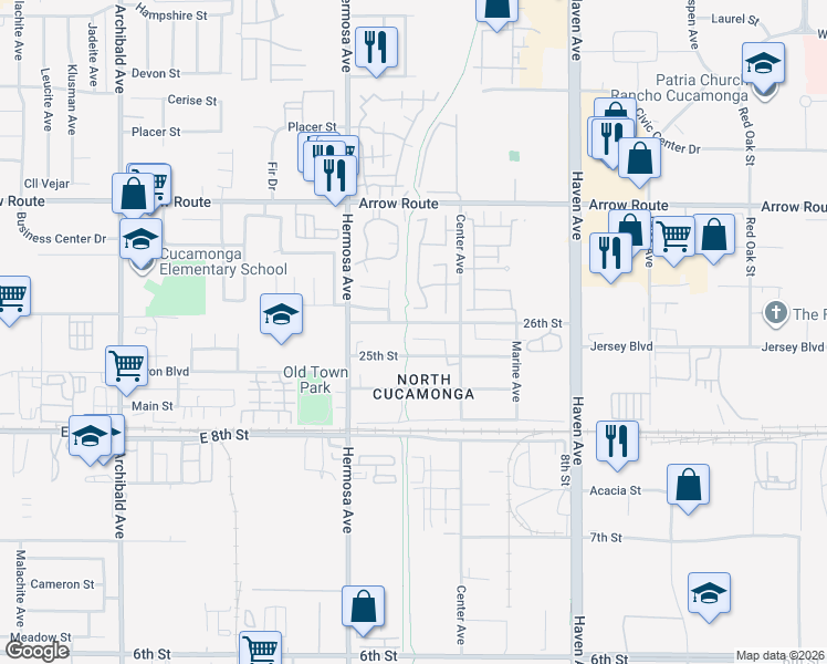 map of restaurants, bars, coffee shops, grocery stores, and more near 10217 26th Street in Rancho Cucamonga