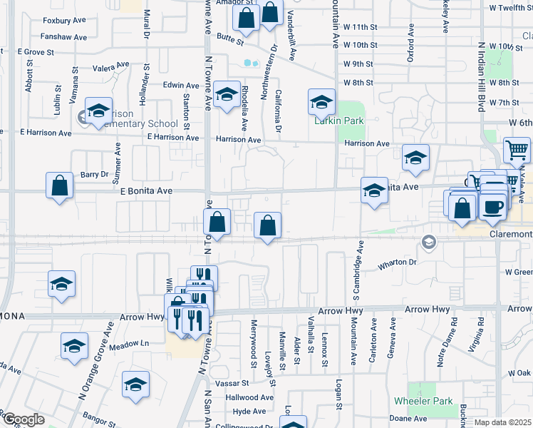 map of restaurants, bars, coffee shops, grocery stores, and more near 960 East Bonita Avenue in Pomona