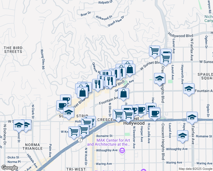 map of restaurants, bars, coffee shops, grocery stores, and more near 8440 Sunset Boulevard in West Hollywood