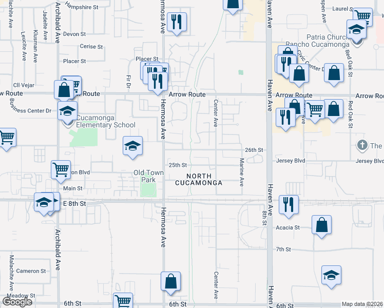 map of restaurants, bars, coffee shops, grocery stores, and more near 10209 26th Street in Rancho Cucamonga
