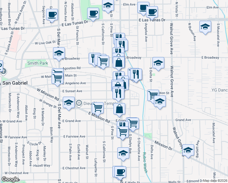 map of restaurants, bars, coffee shops, grocery stores, and more near 720 East Sunset Avenue in San Gabriel