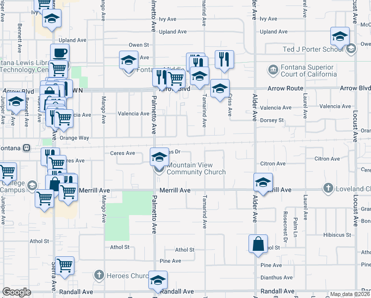 map of restaurants, bars, coffee shops, grocery stores, and more near 17430 Ceres Drive in Fontana