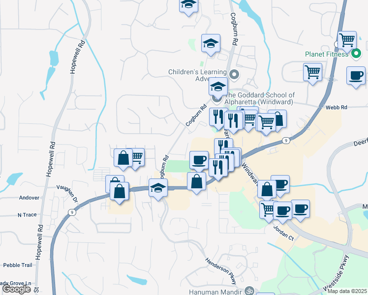map of restaurants, bars, coffee shops, grocery stores, and more near 12890 Cogburn Overlook in Alpharetta