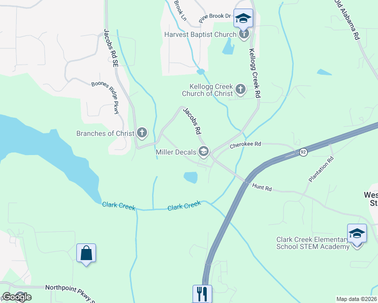 map of restaurants, bars, coffee shops, grocery stores, and more near 5723 Jacobs Road in Acworth
