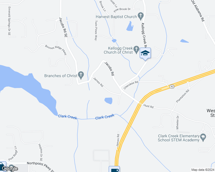 map of restaurants, bars, coffee shops, grocery stores, and more near 3720 James Road in Acworth