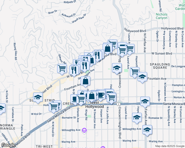 map of restaurants, bars, coffee shops, grocery stores, and more near 1333 North Sweetzer Avenue in West Hollywood