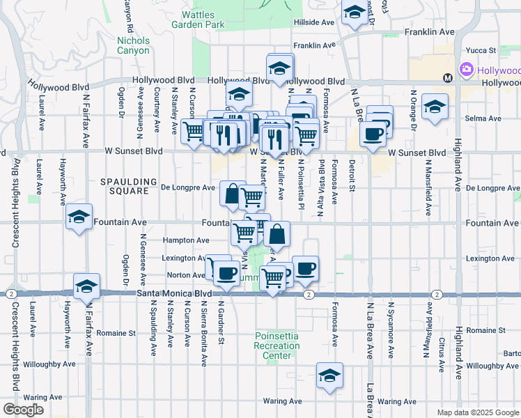 map of restaurants, bars, coffee shops, grocery stores, and more near in West Hollywood