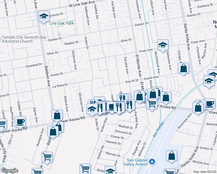 map of restaurants, bars, coffee shops, grocery stores, and more near 10418 Key West Street in Temple City