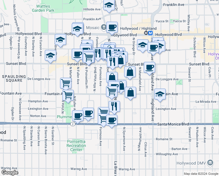 map of restaurants, bars, coffee shops, grocery stores, and more near 1322 North Detroit Street in West Hollywood