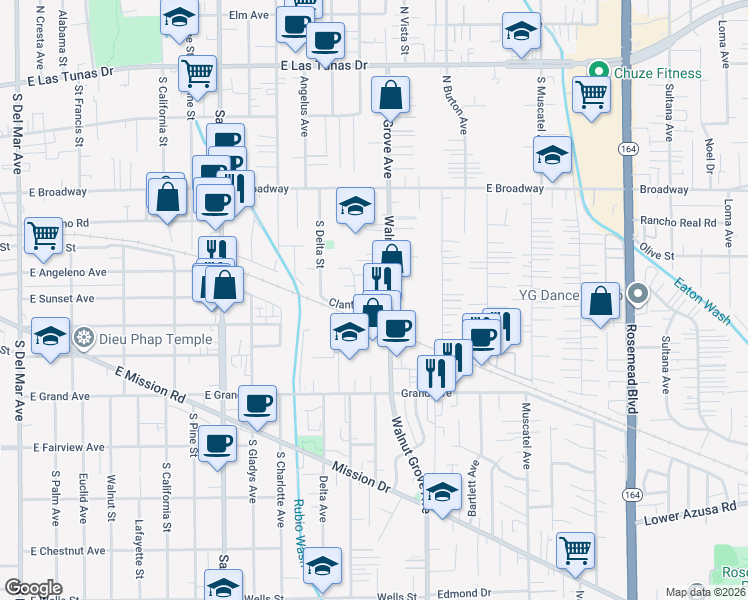 map of restaurants, bars, coffee shops, grocery stores, and more near 8451 Clanton Street in San Gabriel