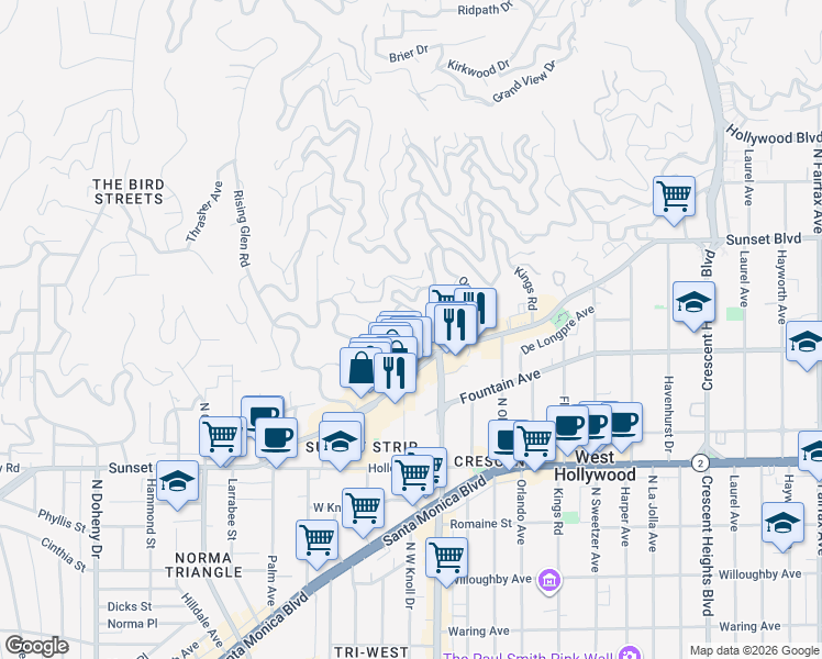 map of restaurants, bars, coffee shops, grocery stores, and more near 1348 Miller Drive in Los Angeles