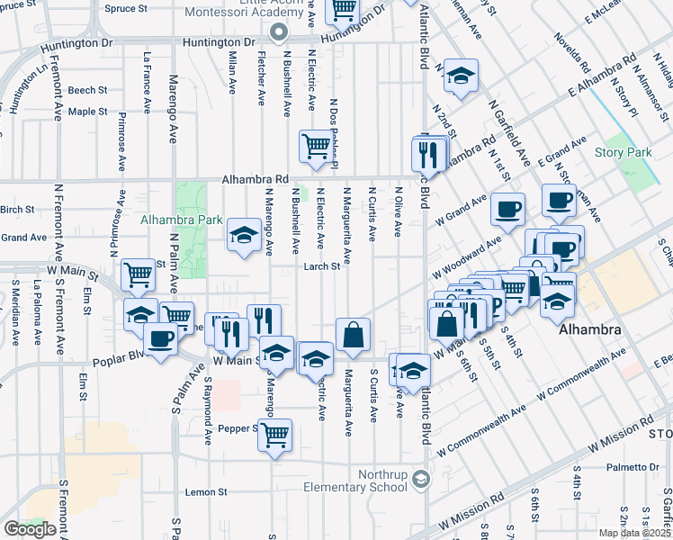 map of restaurants, bars, coffee shops, grocery stores, and more near 1408 Larch Street in Alhambra