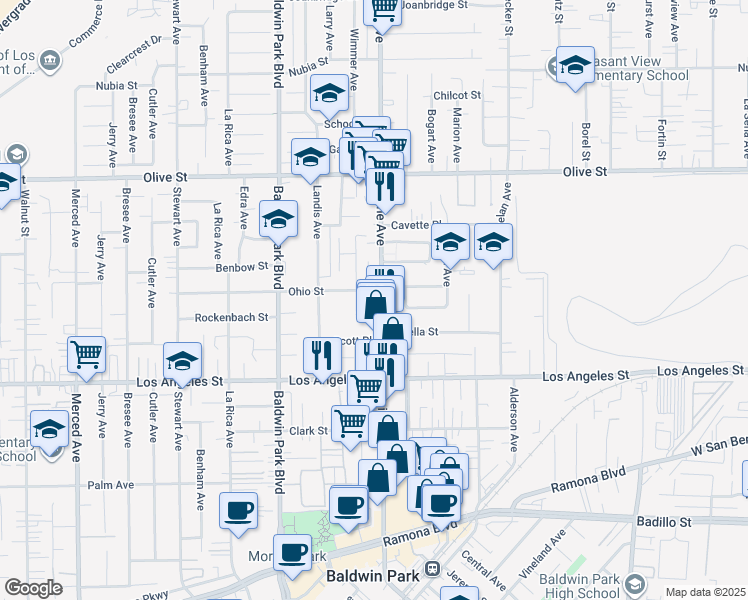 map of restaurants, bars, coffee shops, grocery stores, and more near 4539 Maine Avenue in Baldwin Park
