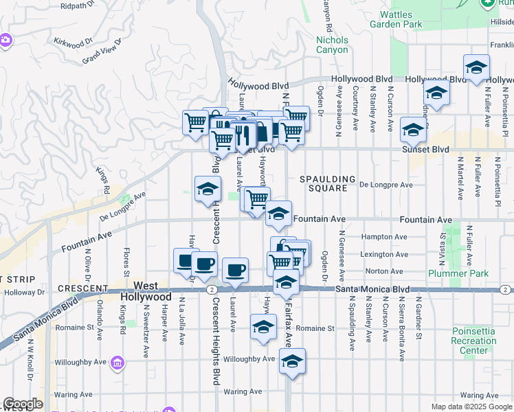 map of restaurants, bars, coffee shops, grocery stores, and more near 1321 Hayworth Avenue in West Hollywood