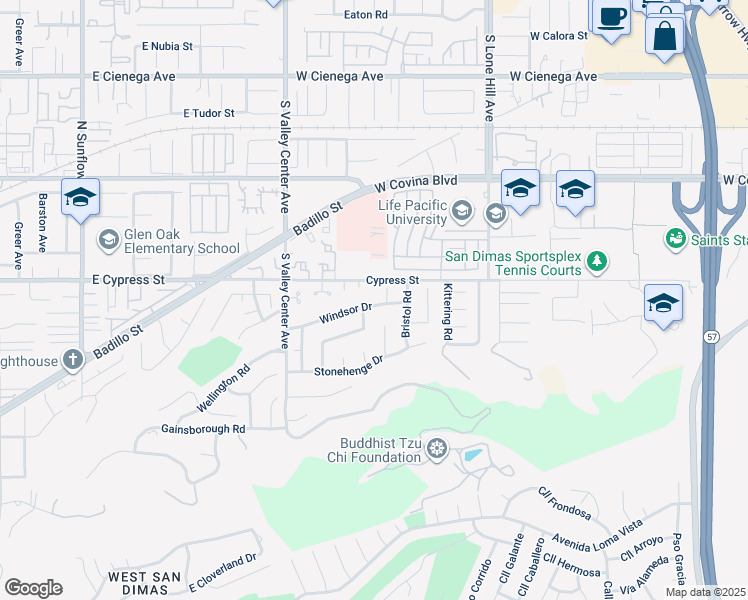map of restaurants, bars, coffee shops, grocery stores, and more near 1347 Windsor Drive in San Dimas