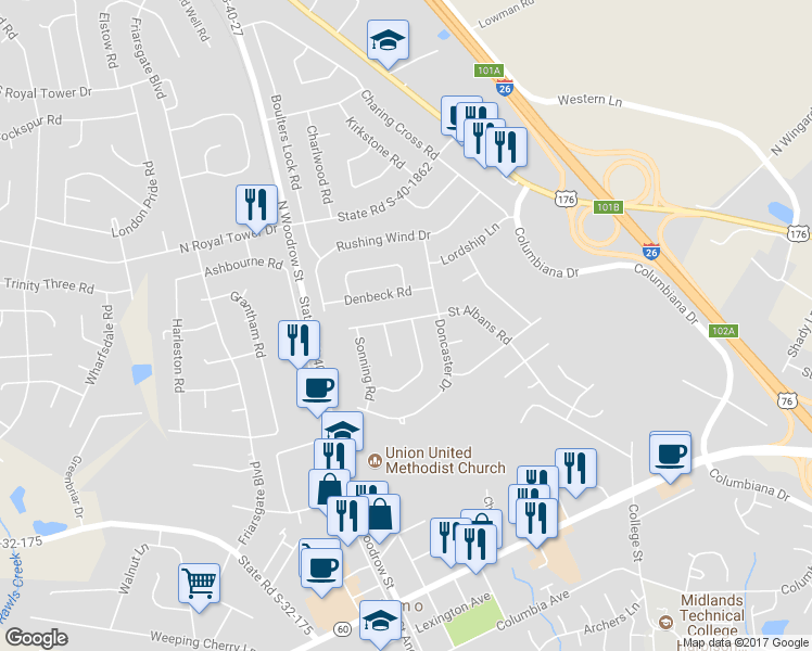 map of restaurants, bars, coffee shops, grocery stores, and more near 207 Saint Albans Road in Irmo